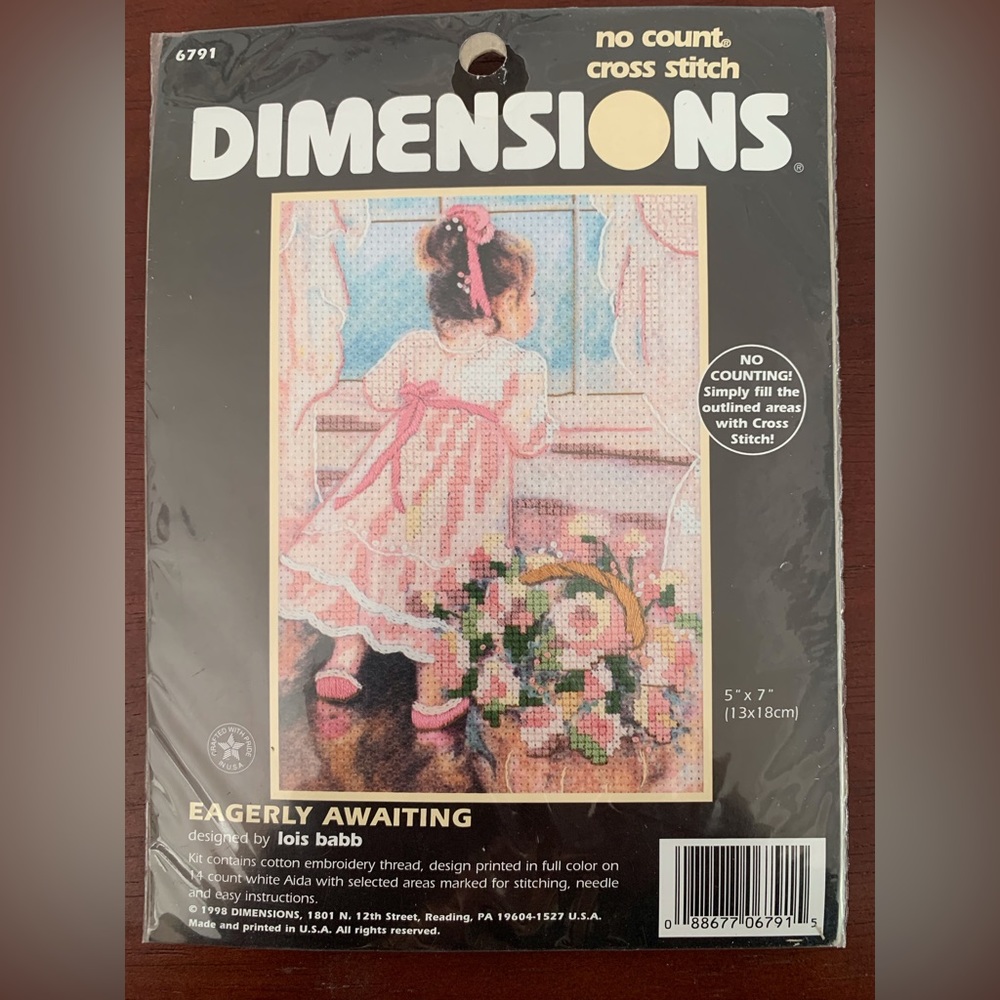 Dimensions No Count Cross Stitch Eagerly Awaiting 5” by 7” Picture Kit 6791
